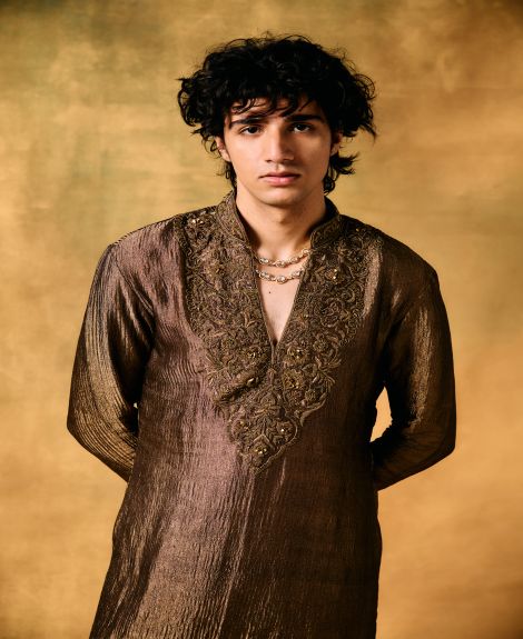 Mocha Rustle Tissue Kurta Set for Men