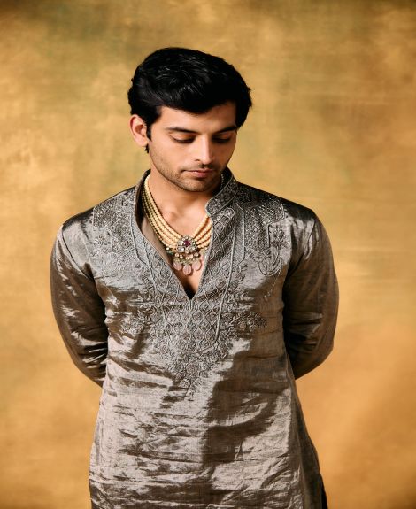 Silver Mist Tissue Kurta Set for Men