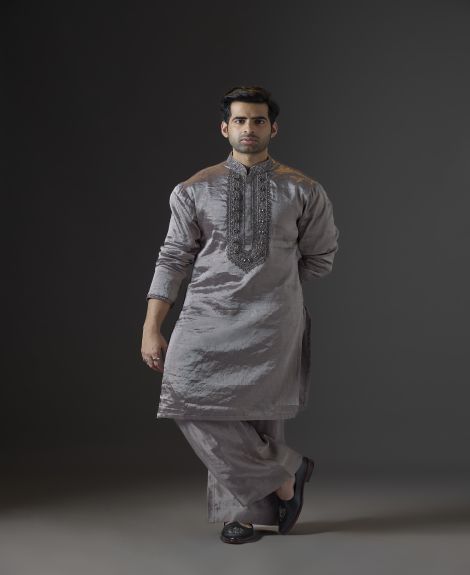 Grey Crinkled Tissue Kurta Set