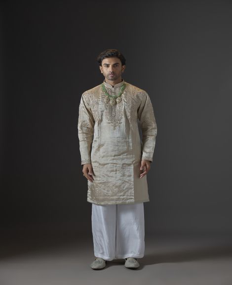 Antique Gold Embroidered Tissue Kurta Set