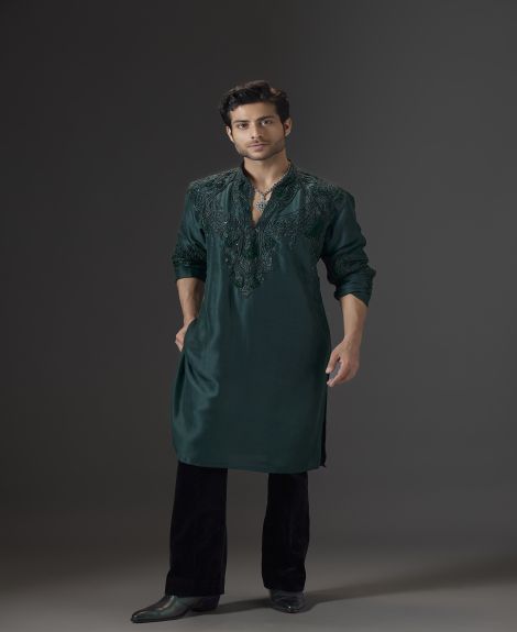 Dark Green Kurta with Embellished Neckline