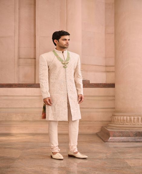 Powder Pink Silk Embroidered Sherwani Set