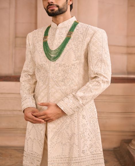 Ivory Raw Silk Wedding Sherwani - Beige
