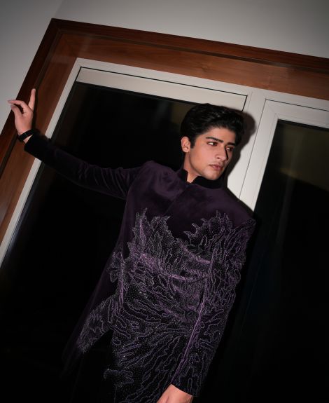 Royal Purple Suede Embriodered Tuxedo Set