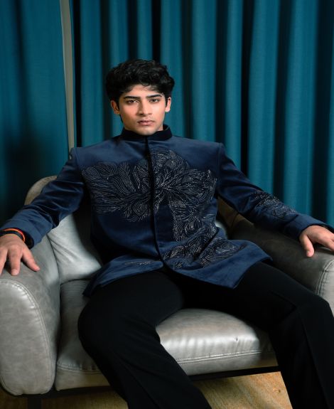 Designer Navy Blue Cotton Suede Jodhpuri