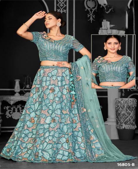 Women's Embroidered Semi-Stitched Lehenga Choli with Dupatta | Aqua Blue