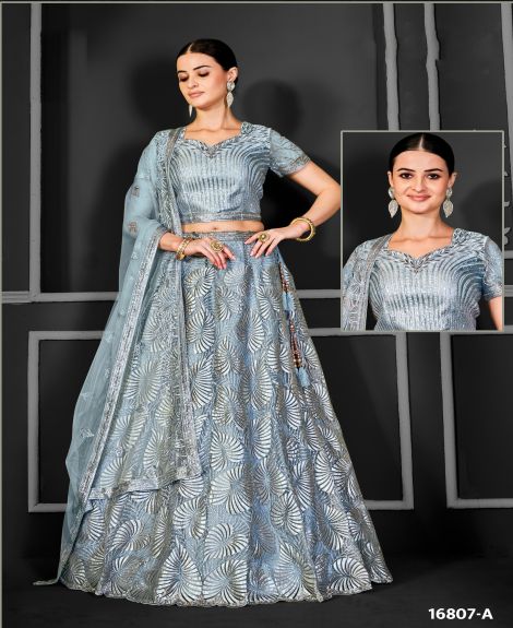 Women's Semi-Stitched Net Lehenga Choli with Dupatta | Grey