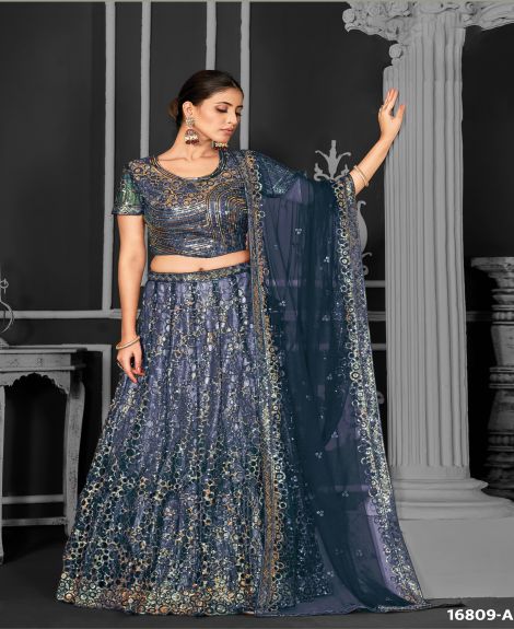 Women's Semi-Stitched Net Lehenga Choli with Dupatta | Teal