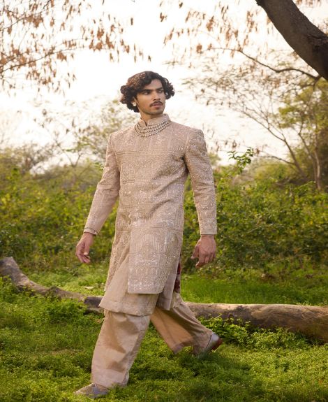 Regal Beige Embroidered Sherwani Set