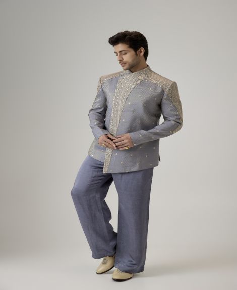 Grey Bandhgala with Gold Asymmetrical Embroidery