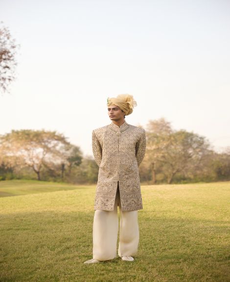 The Grandeur Gold Embroidered Wedding Sherwani