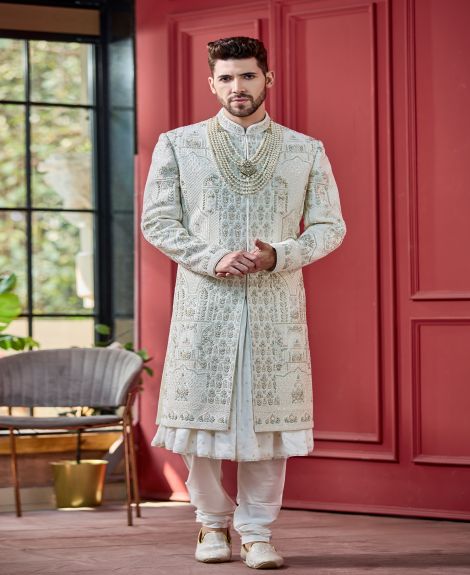 Ivory Jharoka Silk Sherwani