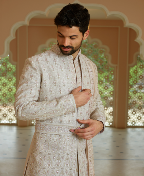 Refined Golden Beige Silk Sherwani