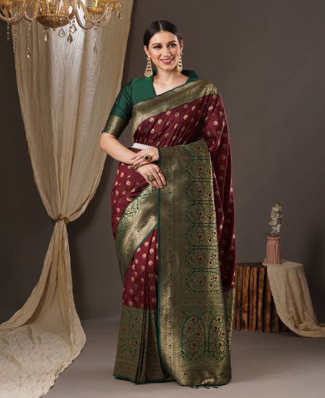 SAREEMALL Women's Silk Blend Brown WovenDesign DesignerSaree With Blouse Piece