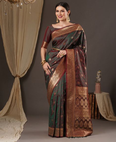 SAREEMALL Women's Silk Blend Brown WovenDesign DesignerSaree With Blouse Piece