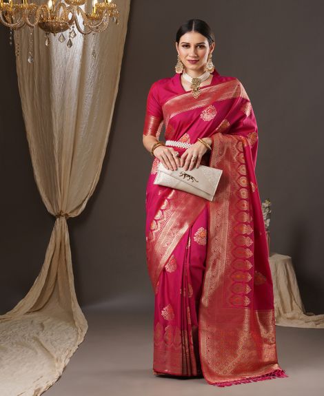 SAREEMALL Women's Silk Blend Pink WovenDesign DesignerSaree With Blouse Piece