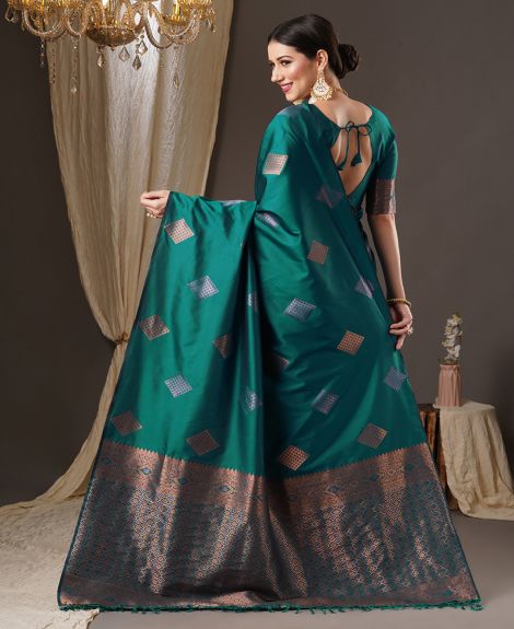 SAREEMALL Women's Silk Blend Tealblue WovenDesign DesignerSaree With Blouse Piece