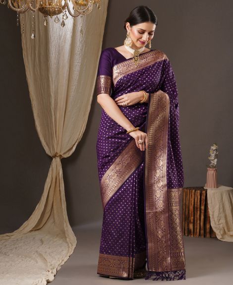 SAREEMALL Women's Silk Blend Purple WovenDesign DesignerSaree With Blouse Piece