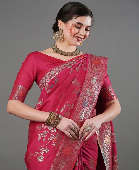 SAREE MALL Women's Silk Blend Pink Woven Design Designer Saree With Blouse Piece