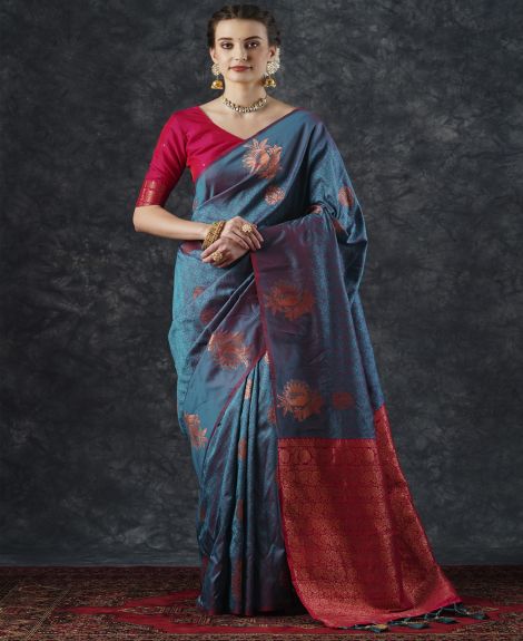 SAREE MALL Women's Silk Blend Teal blue Woven Design Designer Saree With Blouse Piece