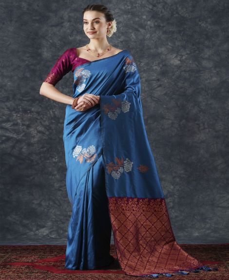 SAREE MALL Women's Silk Blend Blue Woven Design Designer Saree With Blouse Piece
