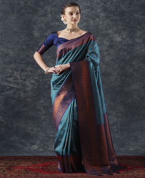 SAREE MALL Women's Silk Blend Teal blue Woven Design Designer Saree With Blouse Piece