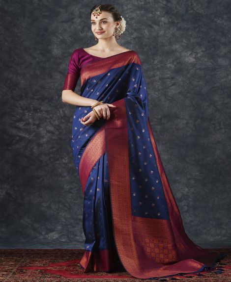 SAREE MALL Women's Silk Blend Navy Blue Woven Design Designer Saree With Blouse Piece