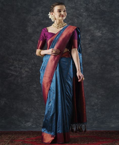 SAREE MALL Women's Silk Blend Blue Woven Design Designer Saree With Blouse Piece