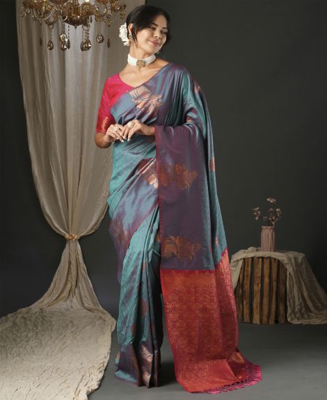 SAREE MALL Women's Silk Blend Teal blue Woven Design Designer Saree With Blouse Piece