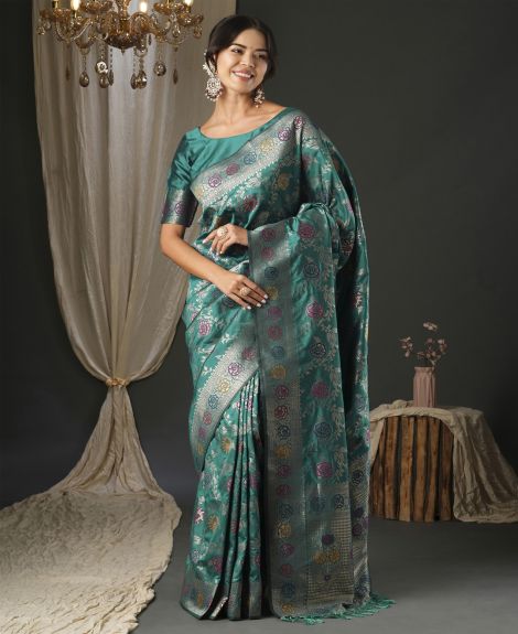 SAREE MALL Women's Silk Blend Teal blue Woven Design Designer Saree With Blouse Piece