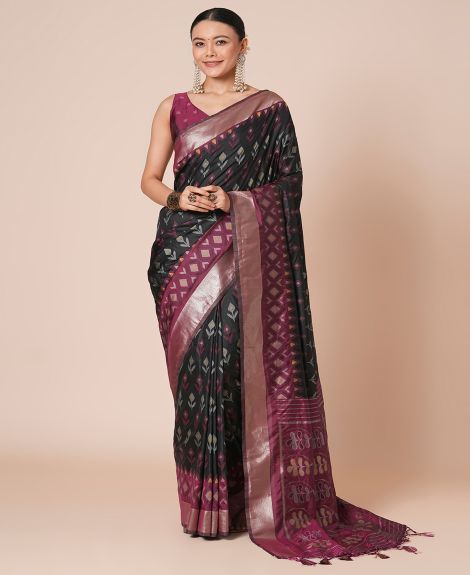 SAREE MALL Women's Silk Blend Black Woven Design Designer Saree With Blouse Piece