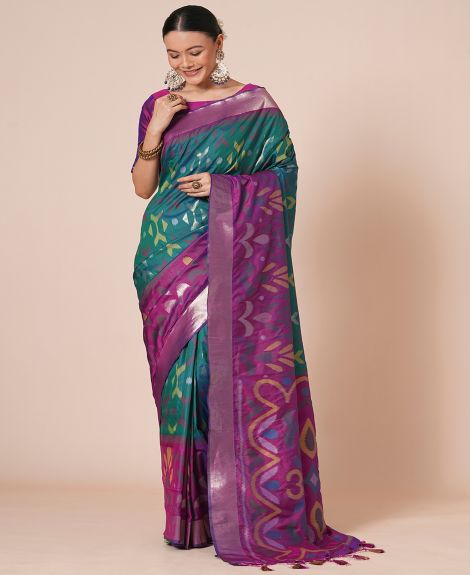 SAREE MALL Women's Silk Blend Teal blue Woven Design Designer Saree With Blouse Piece