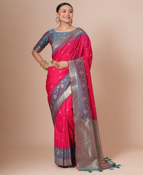 SAREE MALL Women's Silk Blend Pink Woven Design Designer Saree With Blouse Piece
