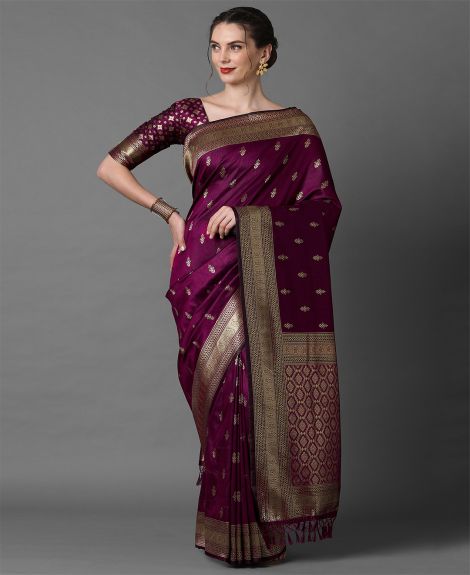 SAREEMALL Women's Silk Blend Magenta WovenDesign DesignerSaree With Blouse Piece