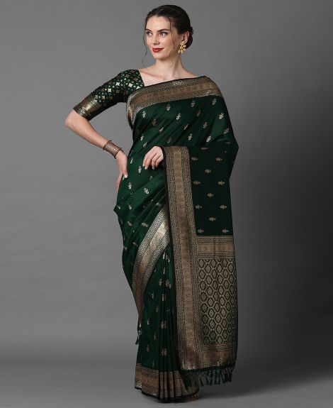 SAREEMALL Women's Silk Blend Green WovenDesign DesignerSaree With Blouse Piece
