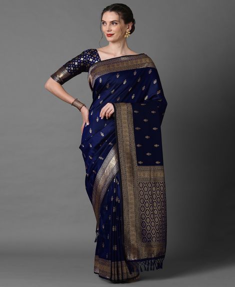 SAREE MALL Women's Silk Blend Navy Blue Woven Design Designer Saree With Blouse Piece