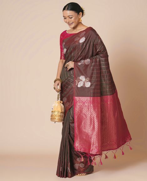 SAREE MALL Women's Silk Blend Burgundy Woven Design Designer Saree With Blouse Piece