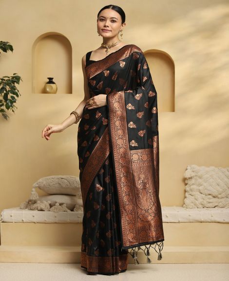 SAREE MALL Women's Soft Silk Black Woven Design Designer Saree With Blouse Piece