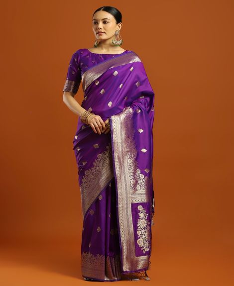 SAREE MALL Women's Soft Silk Purple Woven Design Designer Saree With Blouse Piece