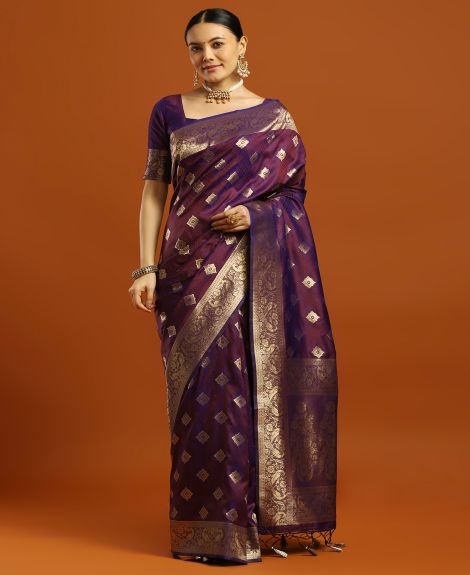 SAREE MALL Women's Soft Silk Purple Woven Design Designer Saree With Blouse Piece