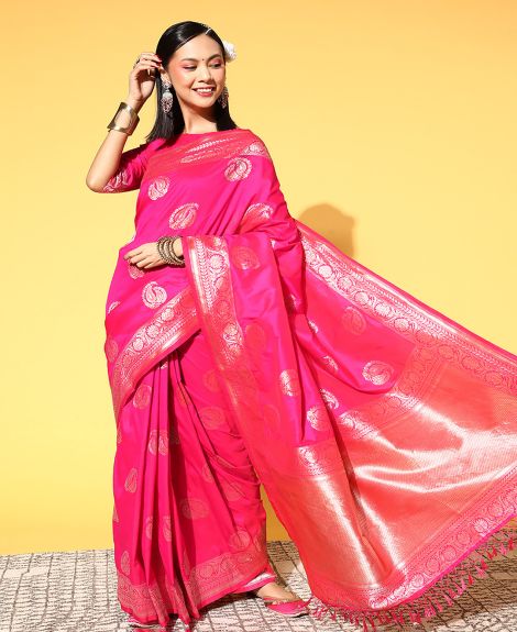 SAREE MALL Women's Silk Blend Pink Woven Design Celebrity Saree With Blouse Piece