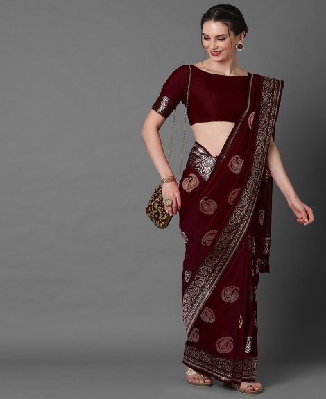 SAREEMALL Women's Silk Blend Brown WovenDesign CelebritySaree With Blouse Piece