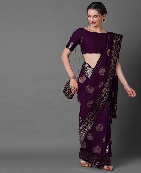 SAREEMALL Women's Silk Blend Purple WovenDesign CelebritySaree With Blouse Piece