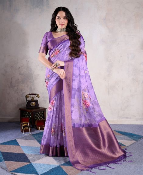 SAREE MALL Women's Organza Mauve Woven Design Designer Saree With Blouse Piece