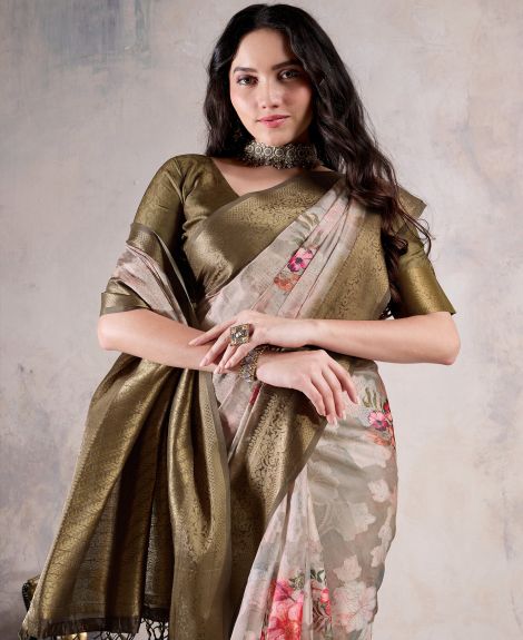 SAREE MALL Women's Organza Beige Woven Design Designer Saree With Blouse Piece
