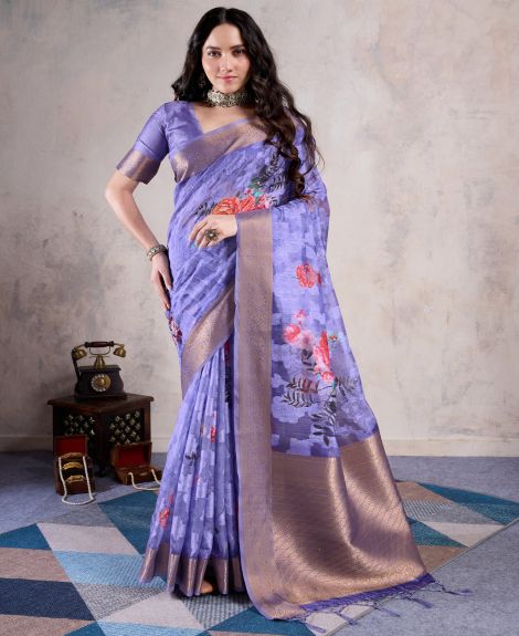 SAREE MALL Women's Organza Lavendar Woven Design Designer Saree With Blouse Piece