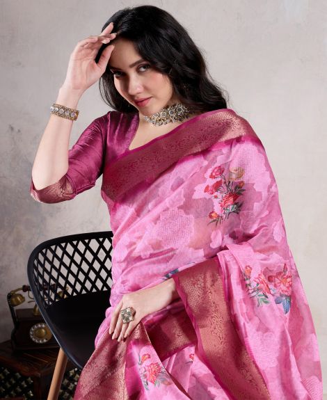 SAREE MALL Women's Organza Pink Woven Design Designer Saree With Blouse Piece