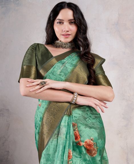 SAREE MALL Women's Organza Sea Green Woven Design Designer Saree With Blouse Piece