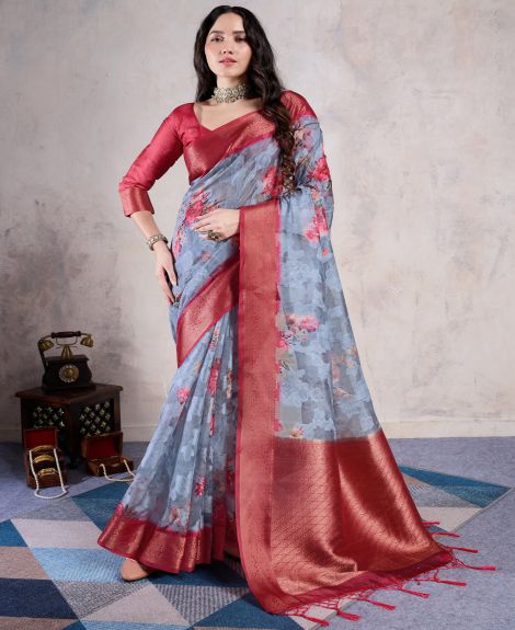SAREE MALL Women's Organza Grey Woven Design Designer Saree With Blouse Piece