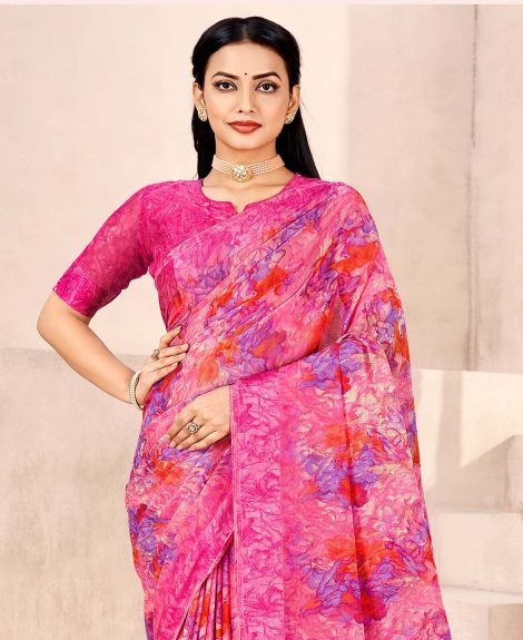 SAREE MALL Women's Chiffon Pink Printed Designer Saree With Blouse Piece